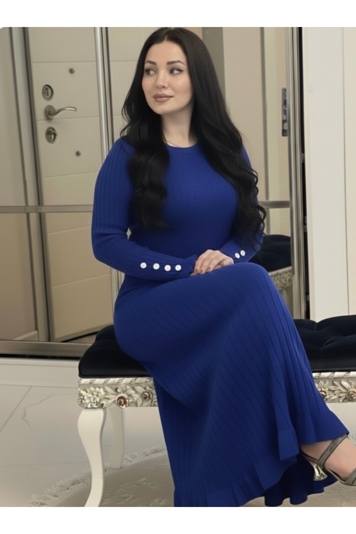 Tesettür Salaş Triko Uzun Elbise Mavi