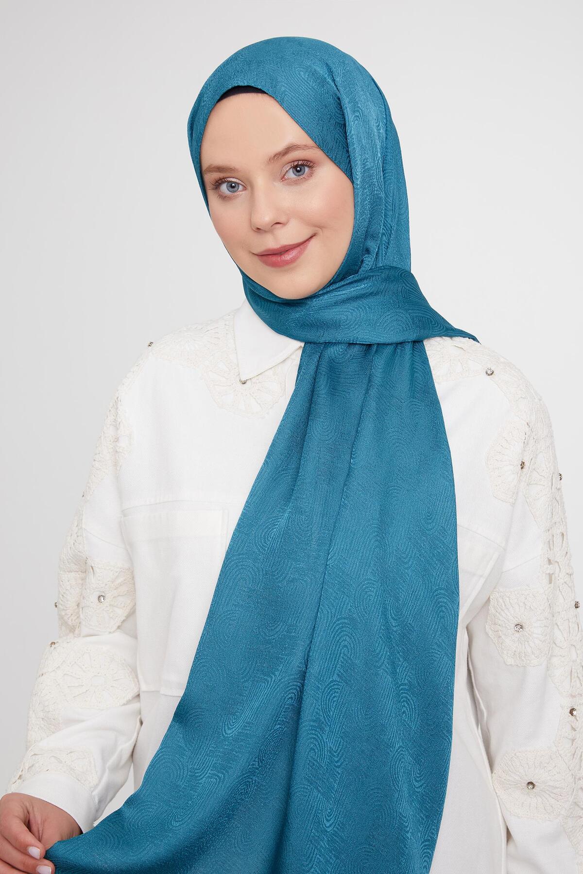 Petrol Yeşili Hologram Desen Jakarlı Janjan Şal