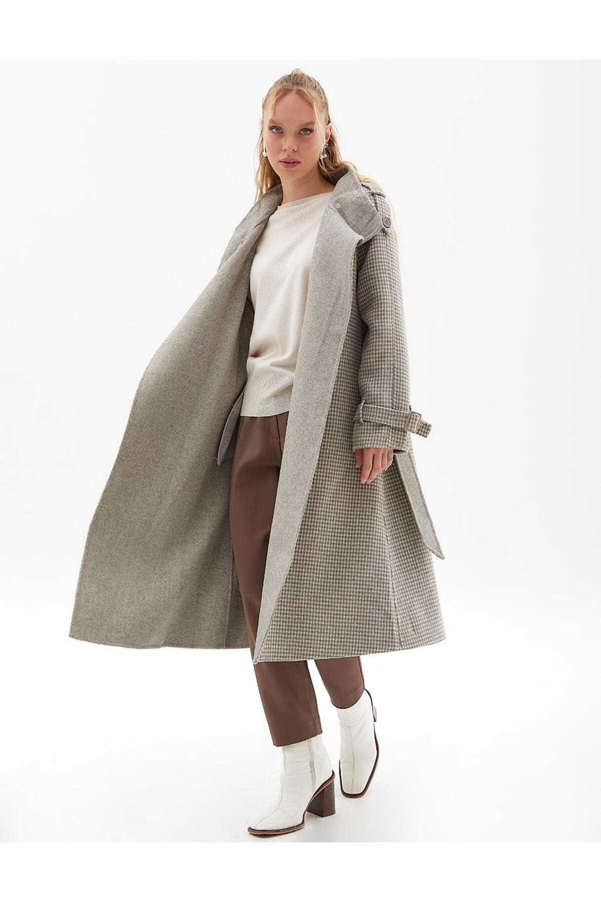 Premium Yün Kaz Ayağı Desen Kaban Gri