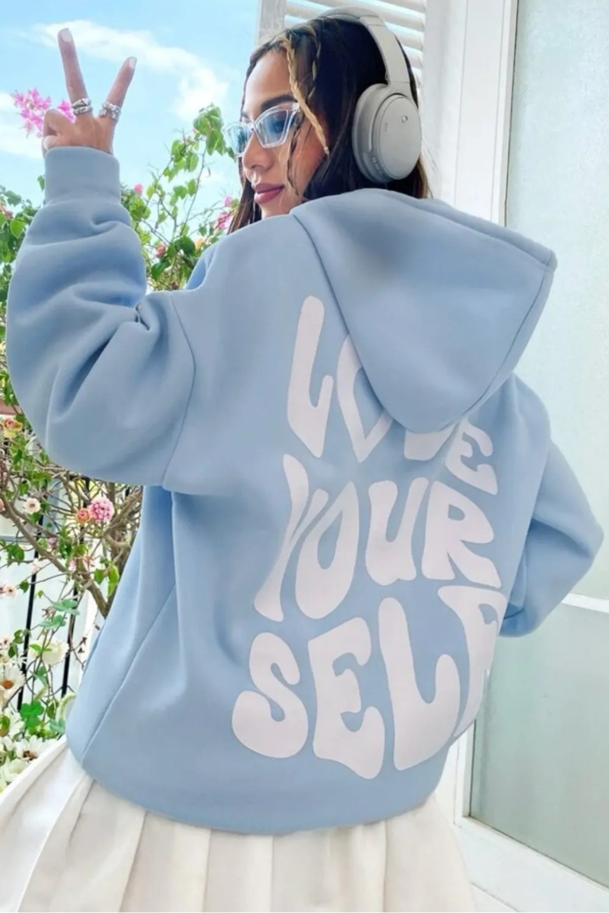 Kapüşonlu Sweatshirt Oversize Love Your Self Baskılı 3 Iplik Şardonlu %100 Pamuk