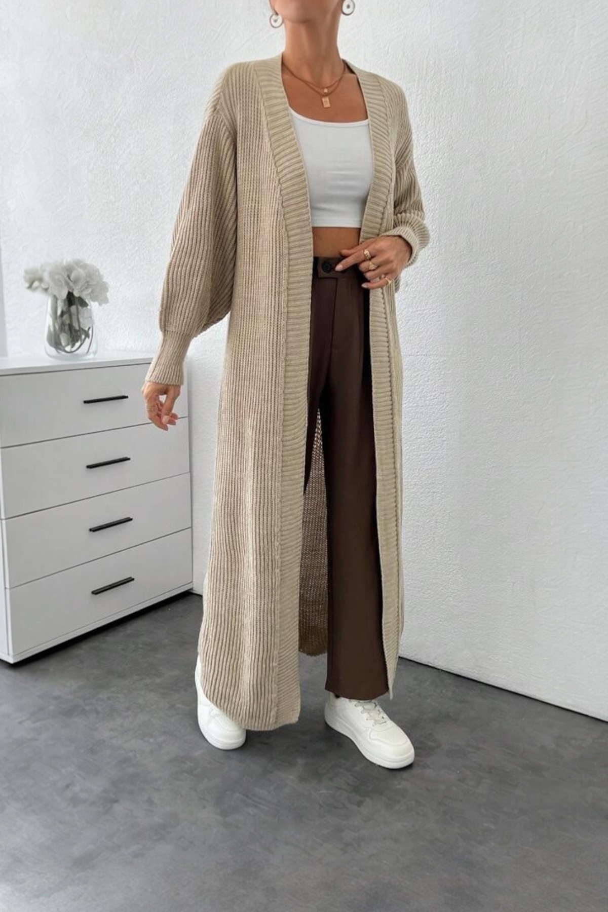 Uzun Boy Düşük Omuz Önü Açık Hırka