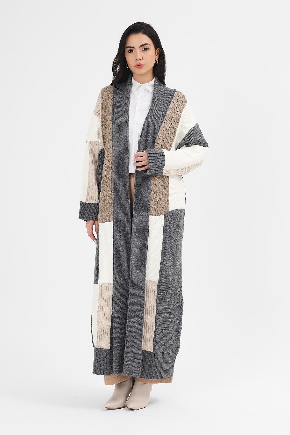 Kadın Füme Patchwork Desenli Kimono