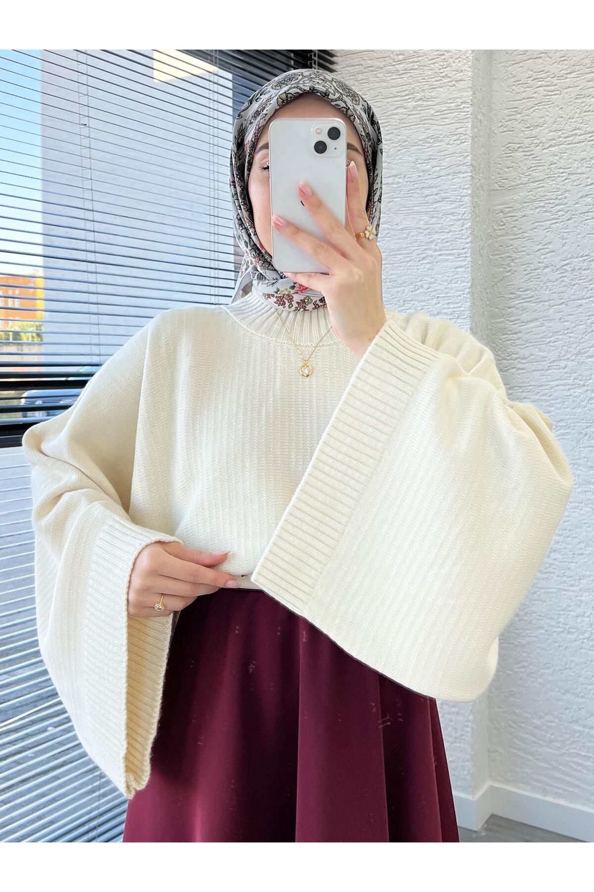 Kadın Ekru Yarasa Kol Kazak