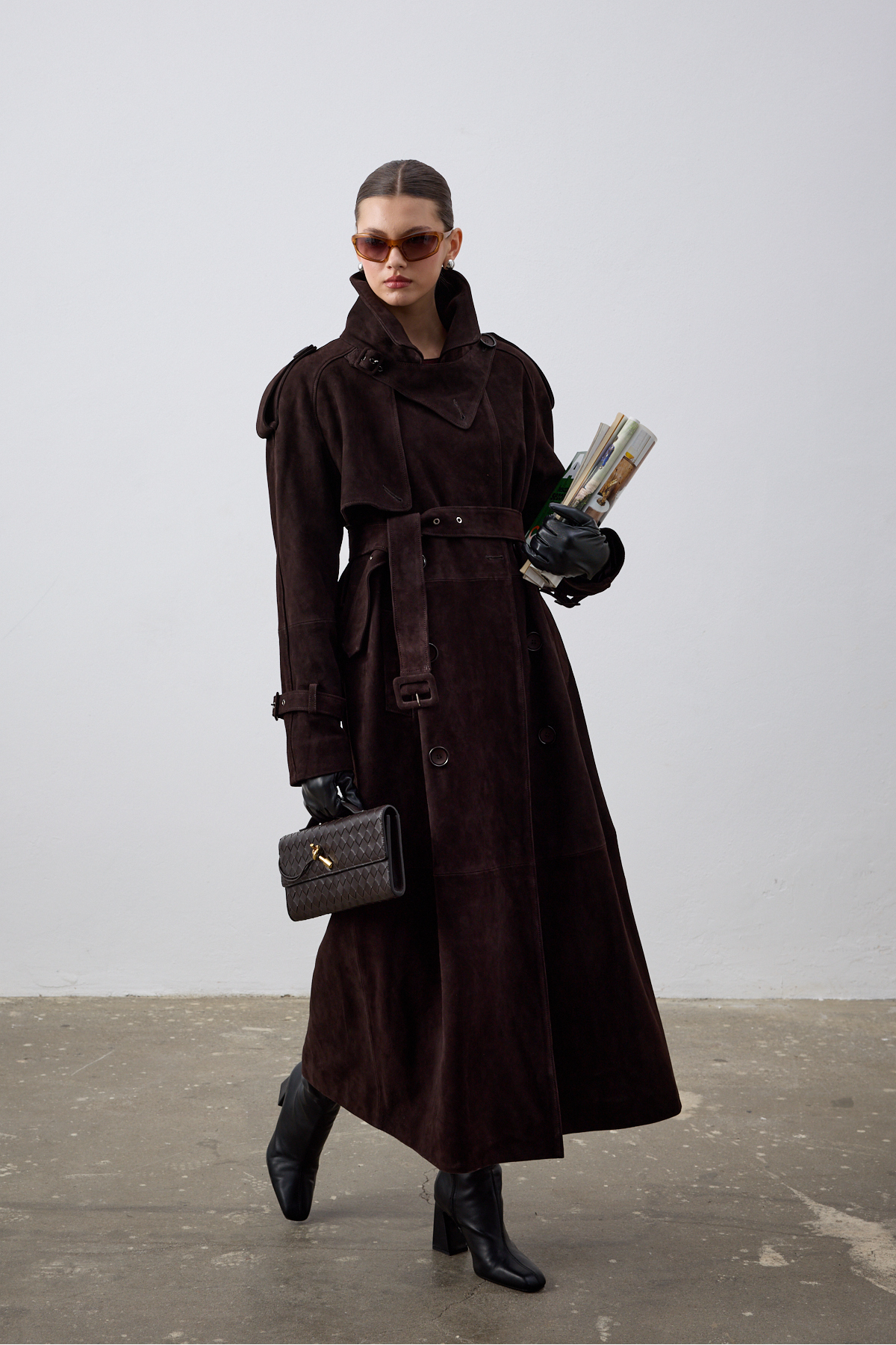 %100 Gerçek Deri Uzun Kahverengi Trençkot