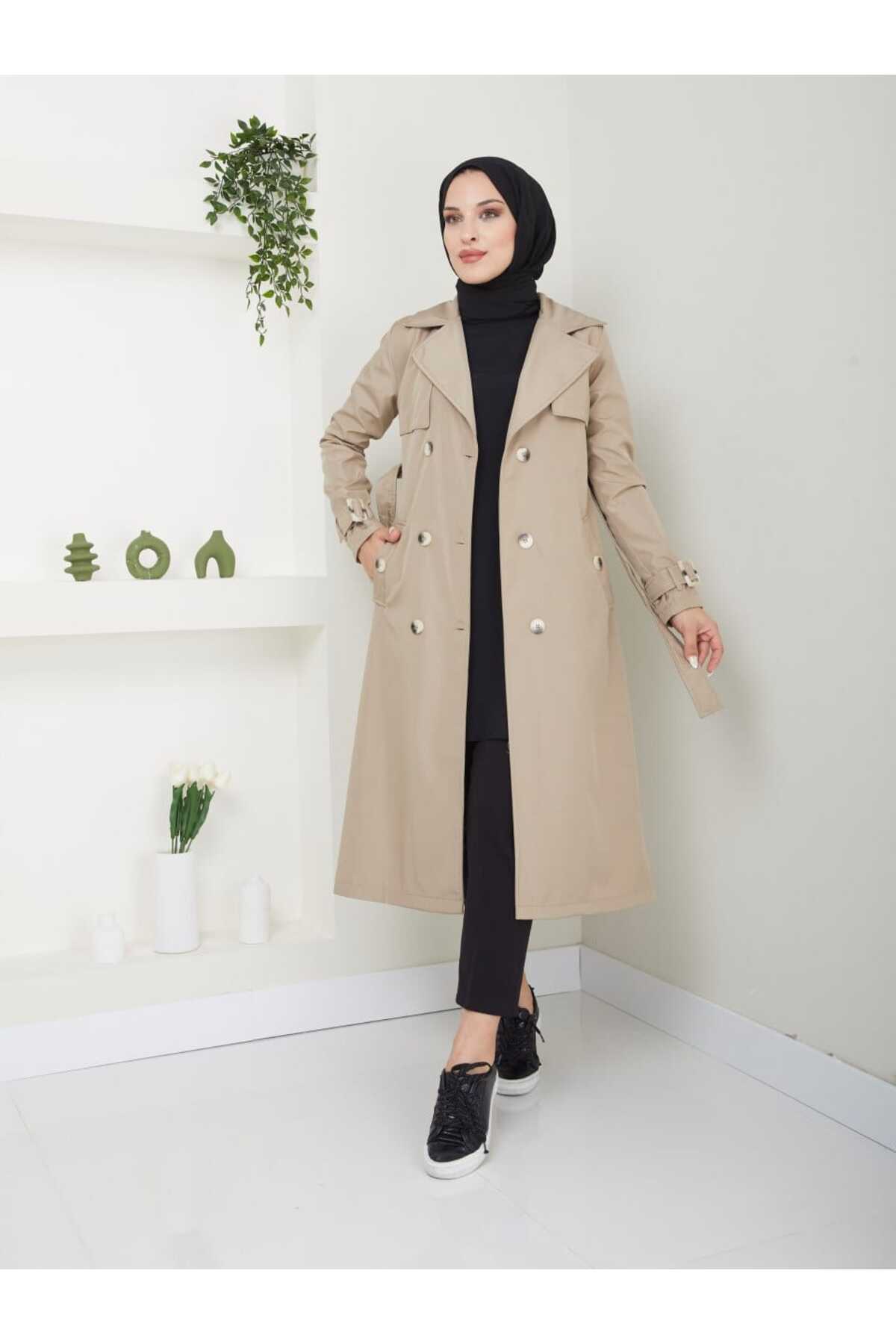Belden Bağlamalı Kol Detaylı Tesettür Trençkot