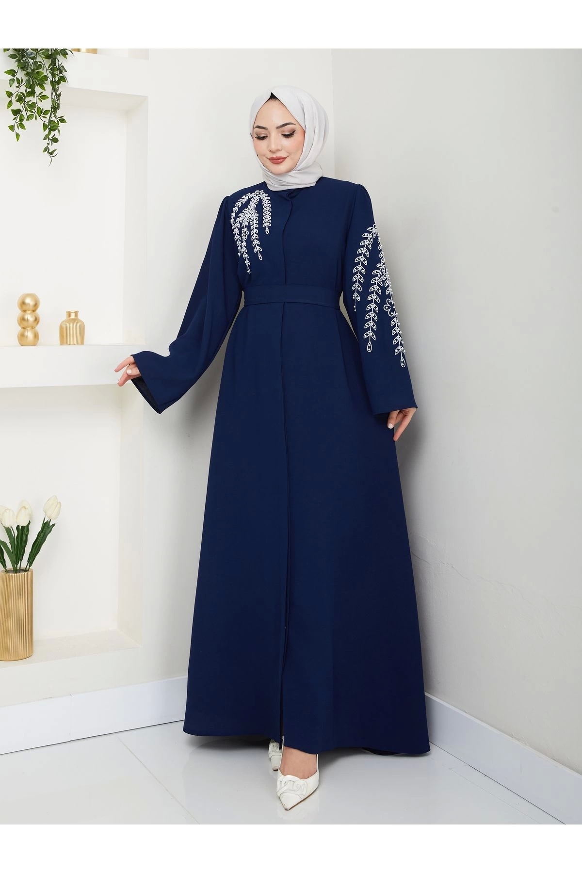 TAŞLİ ABAYA TESETTÜR GIYIM KADIN FERACE ELBISE LACIVERT