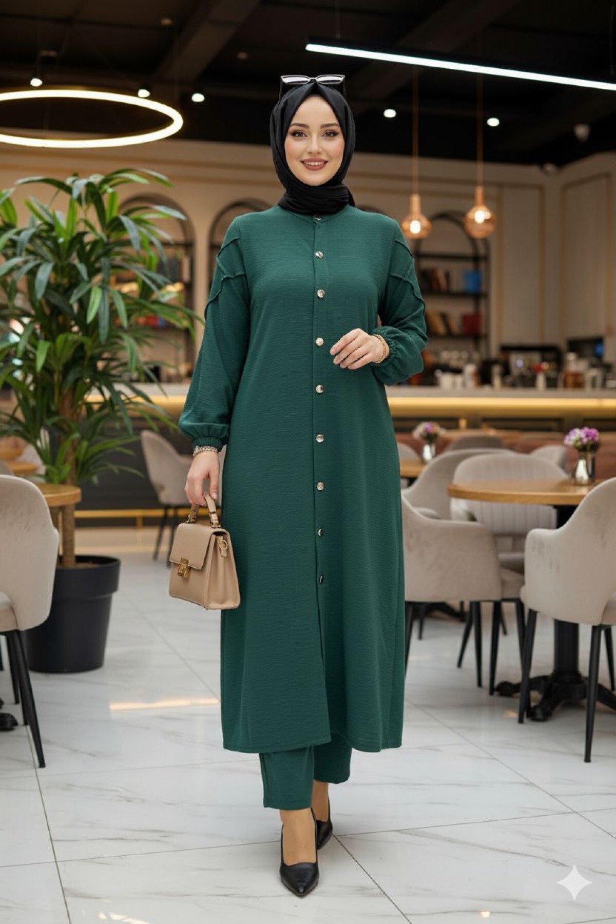 AYÇA TAKIM Zümrüt Düğmeli Tesettür Tunik Pantolon Takım Aerobin Kumaş Rahat Kesim