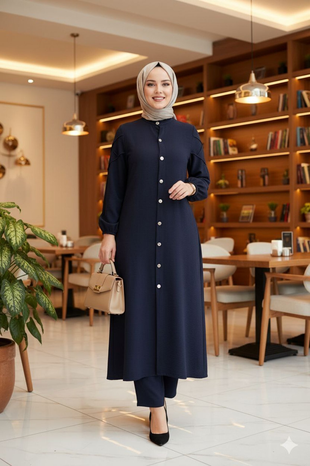 AYÇA TAKIM Lacivert Düğmeli Tesettür Tunik Pantolon Takım Aerobin Kumaş Rahat Kesim