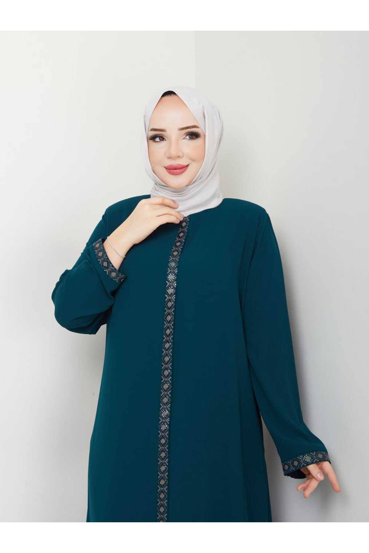 SARİAL GİYİM İŞLEME DETAYLI TAM BOY FERMUARLI YAZLIK RABİA KREP KUMAŞ İNCE ANNE FERACE