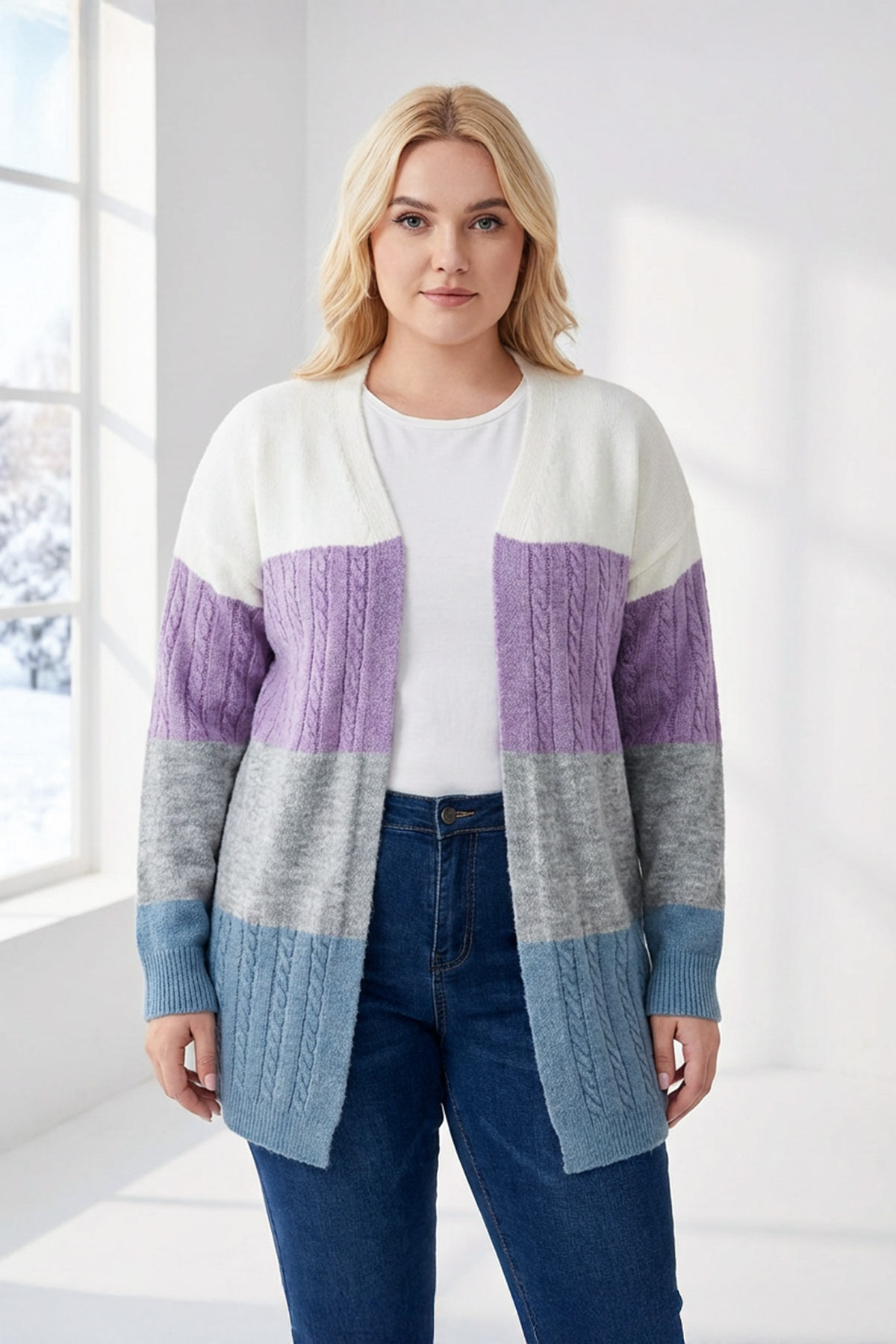 Büyük Beden Uzun Kollu Önü Kapamasız Renk Bloklu Triko Hırka 302148