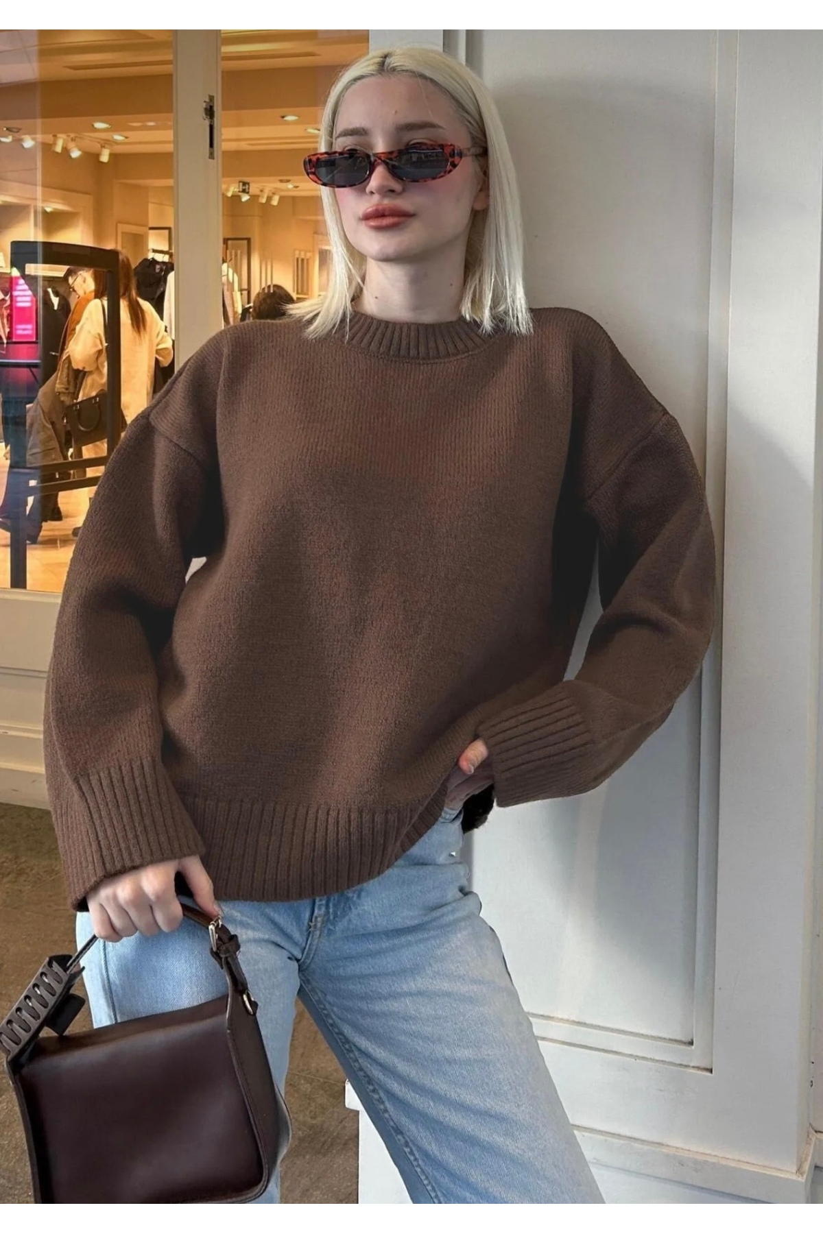 Kahverengi Bisiklet Yaka Oversize Triko Kazak