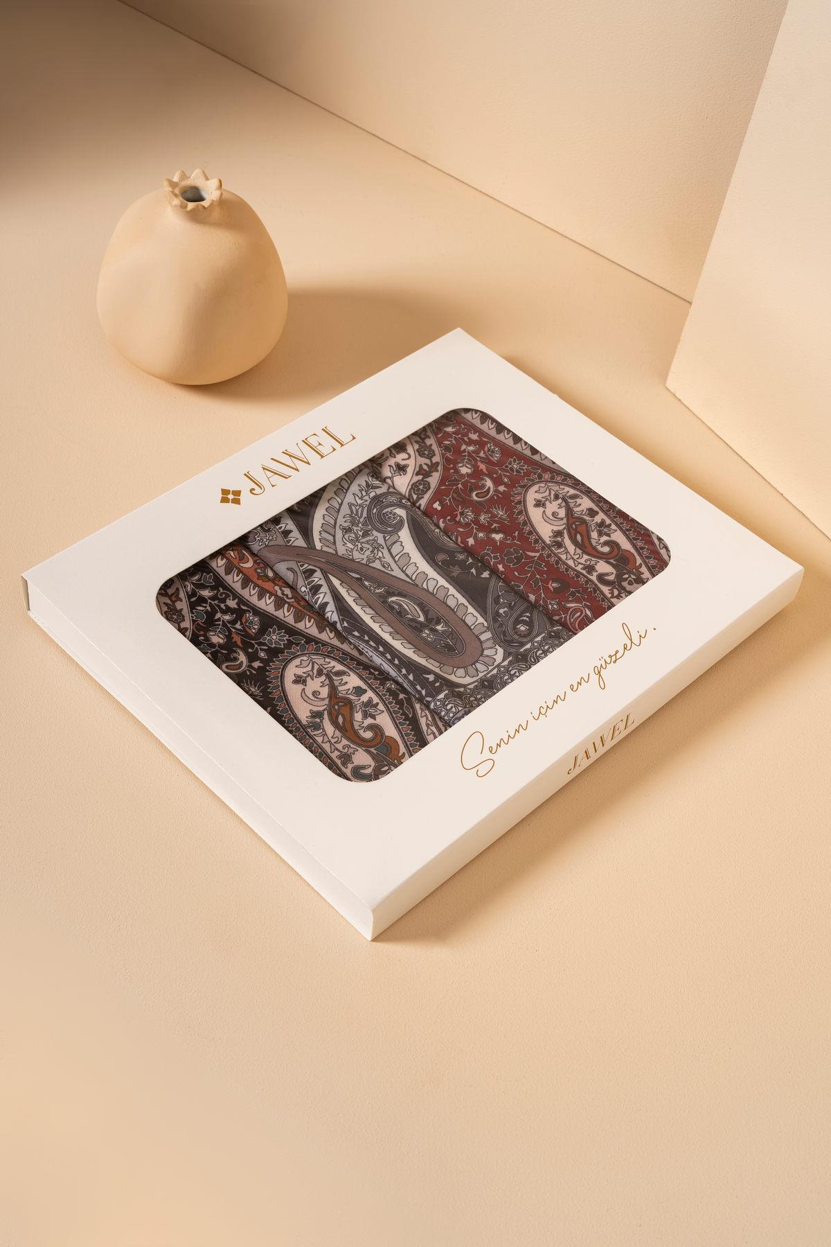 Kadın Etnik Desen Soft Şal Paketi Prusa (Bordo-Petrol-Lila)