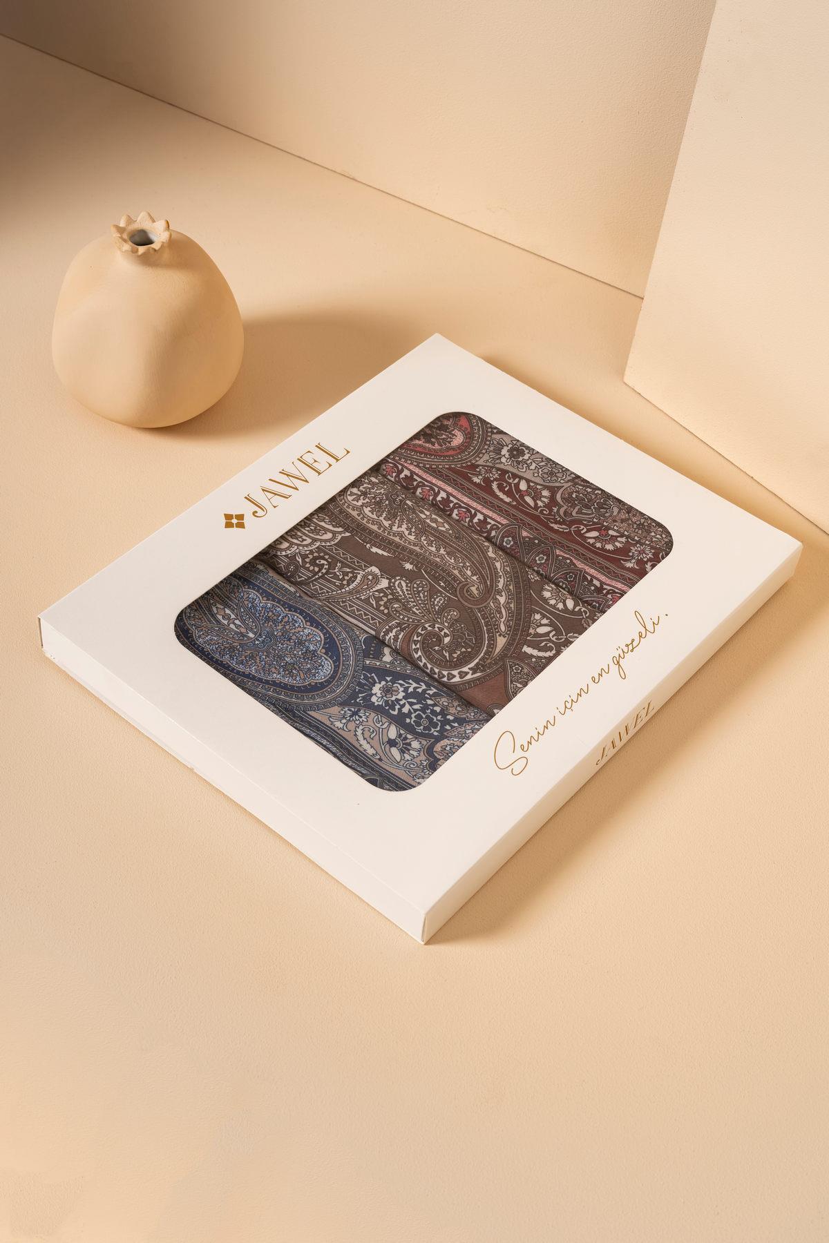 Kadın Etnik Desen Soft Şal Paketi Adesa (Vizon-İndigo-Bordo)