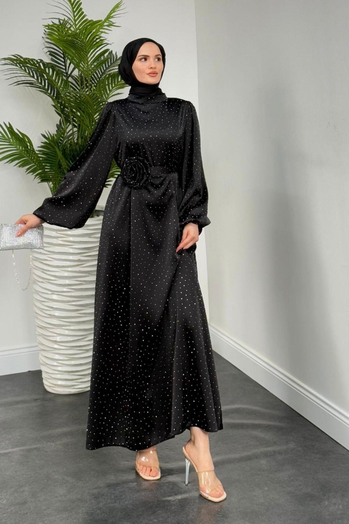 Margherita Taşlı Balon Kol Abiye Siyah