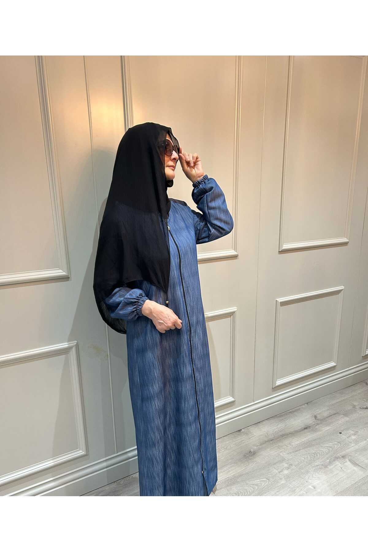 Kot Desen Viskon Ferace - Boydan Fermuarlı Ince Yazlık Kumaş