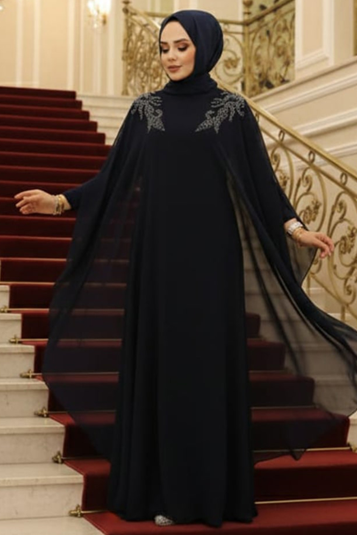 Panço Detaylı Lacivert Tesettür Abaya 25908L