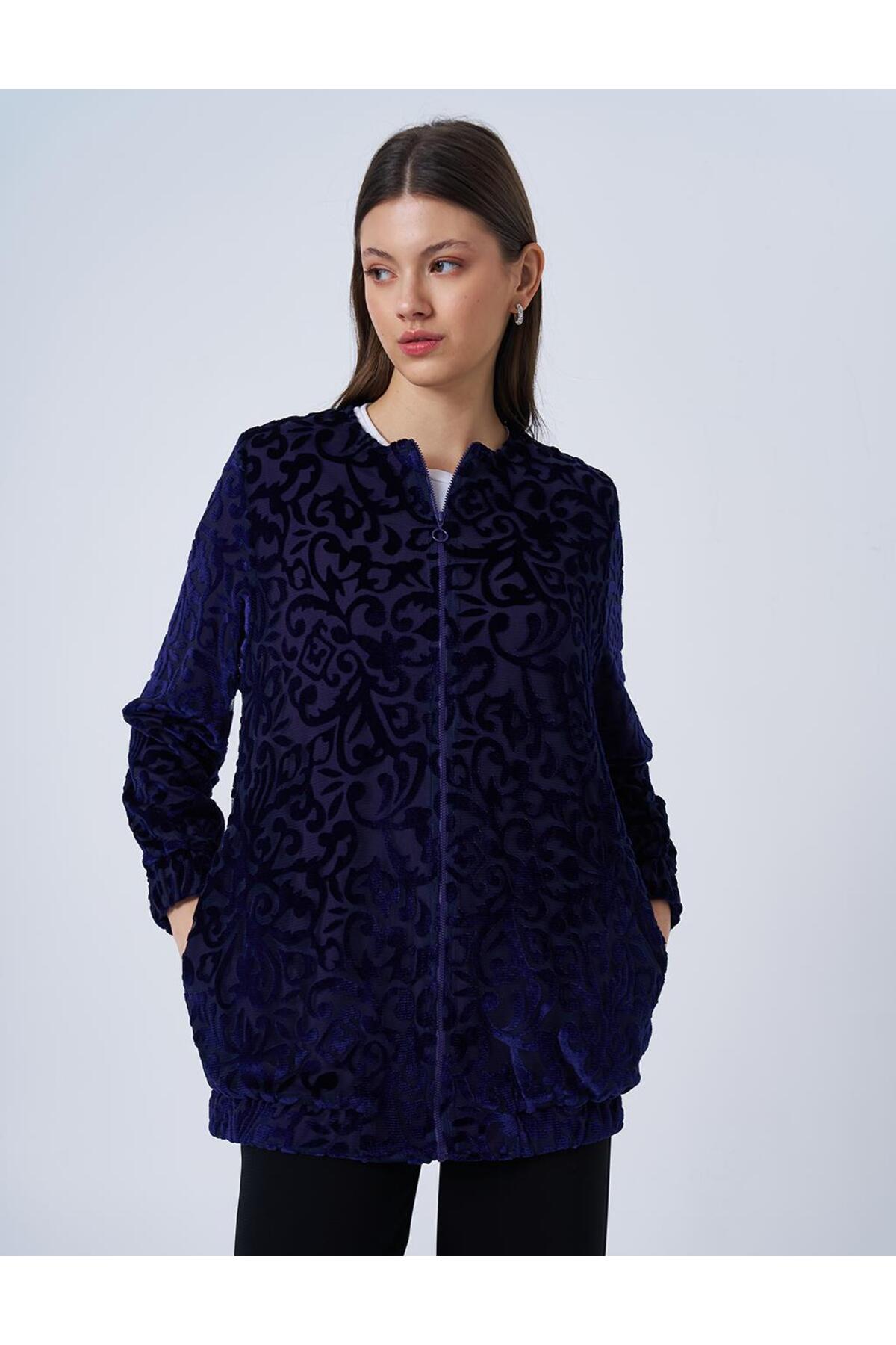 Desenli Bisiklet Yaka Ceket Mor