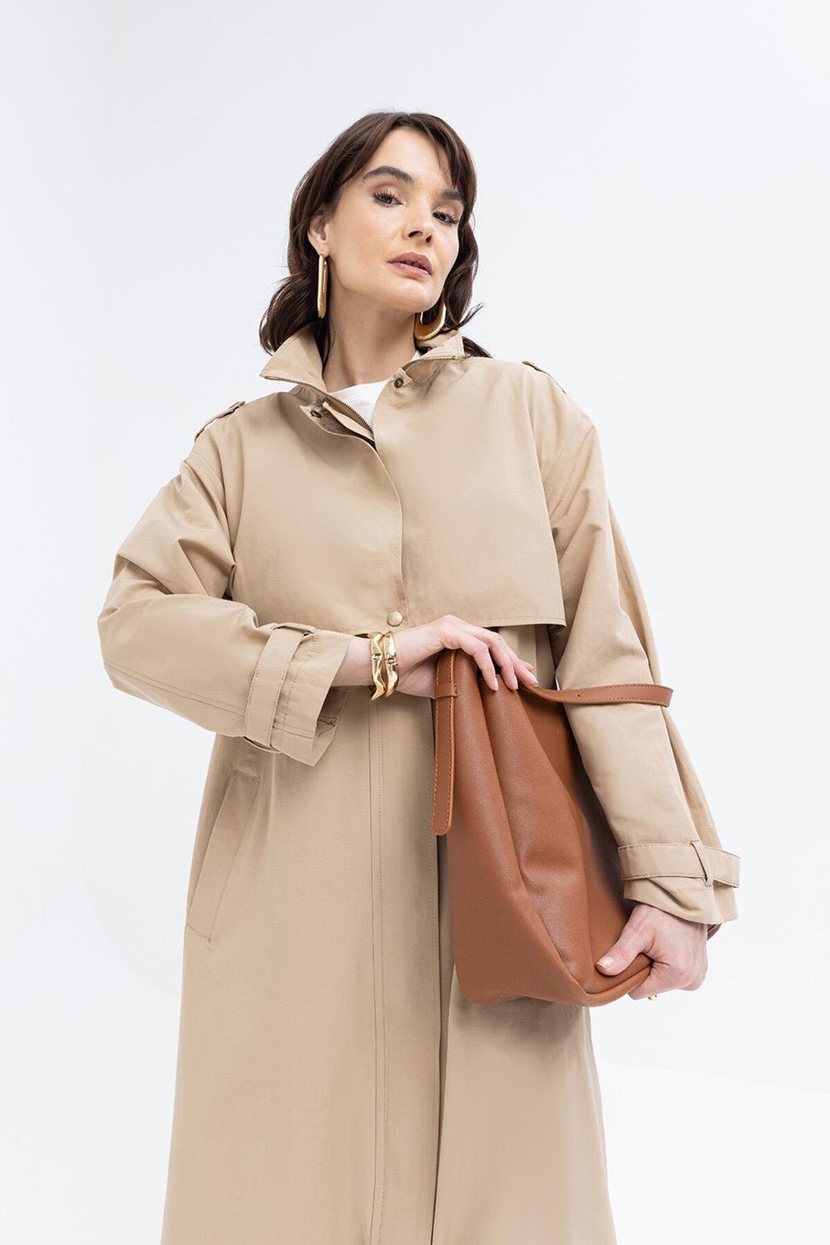 Bej-Cepli Rüzgarlıklı Trençkot