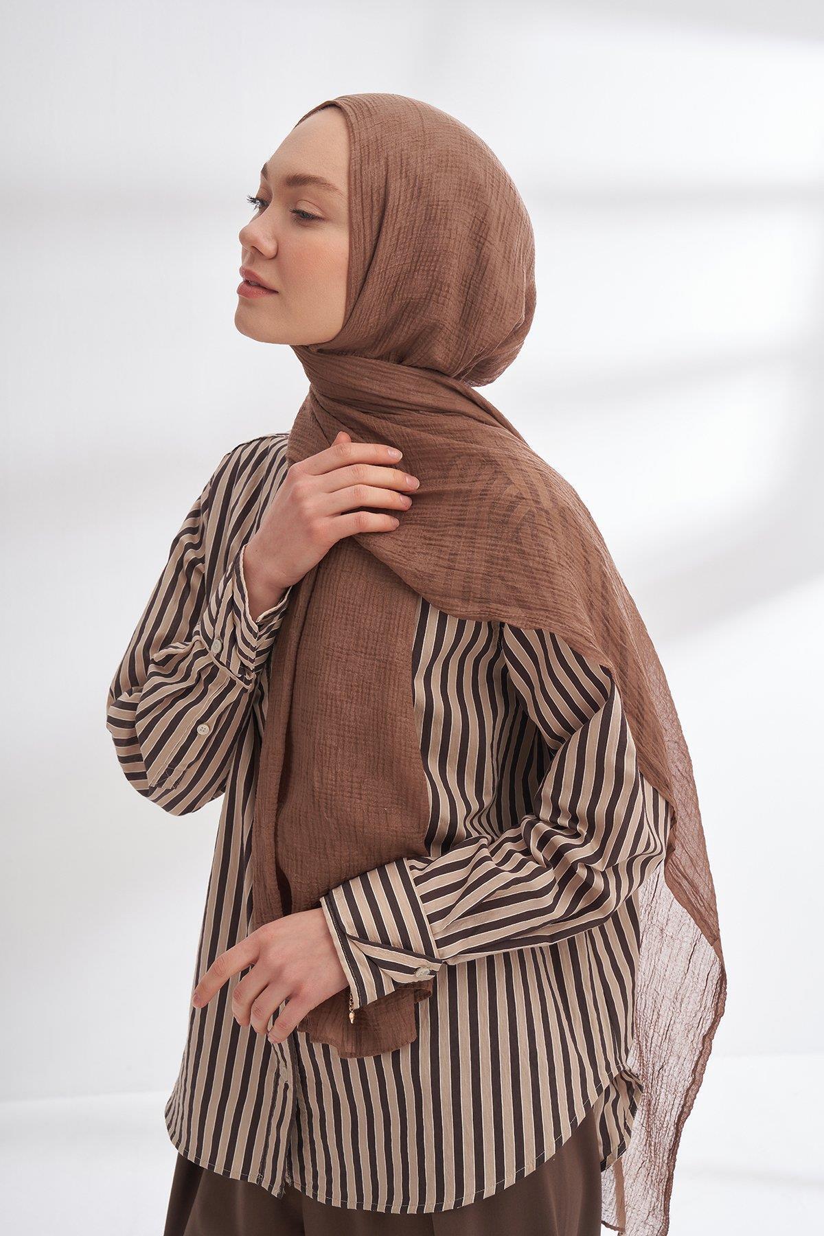 Müslin Dama Desen Şal 3350-Vizon