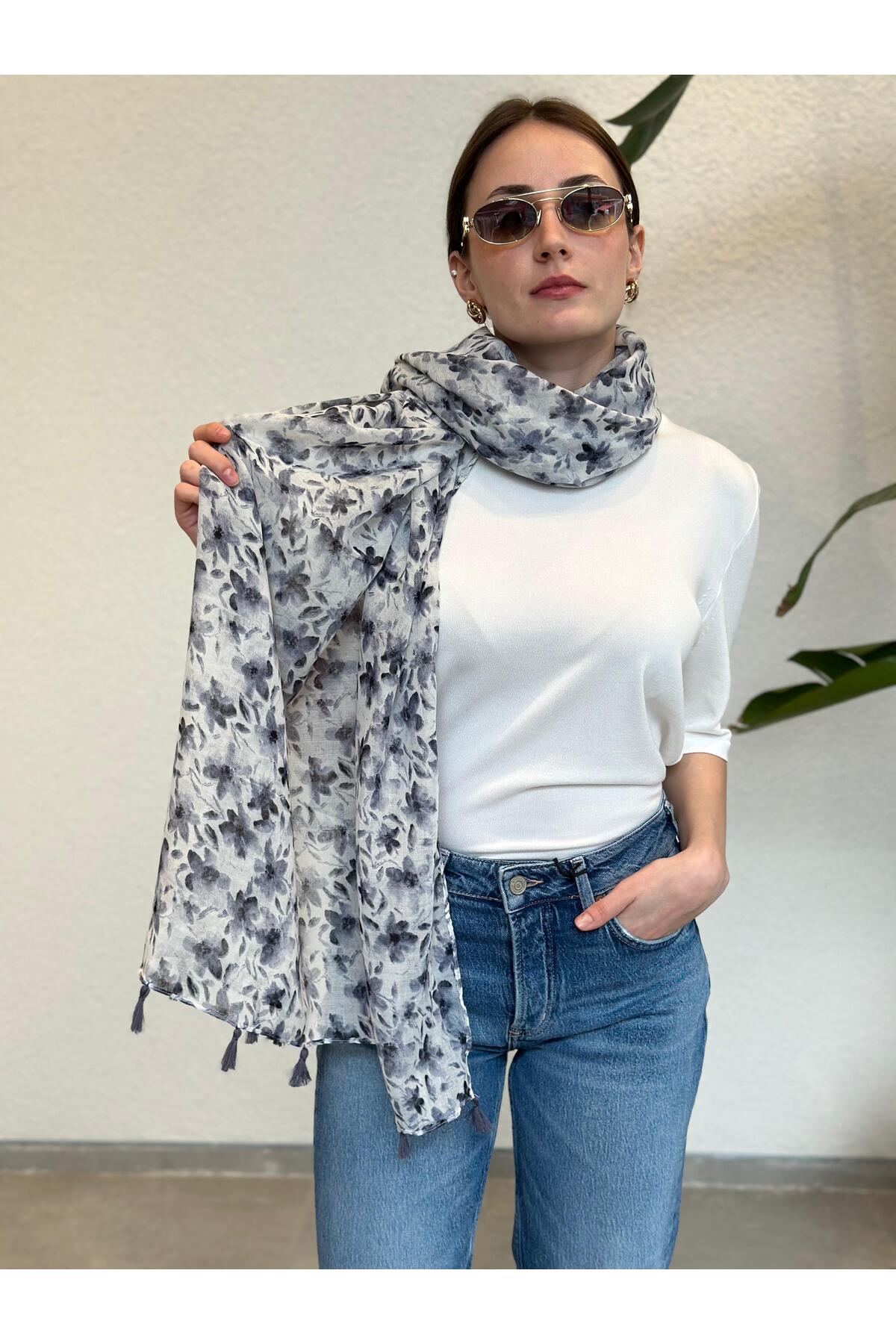 Bloom Garden Design Soft Dokulu Özel Tasarım Püsküllü Şal