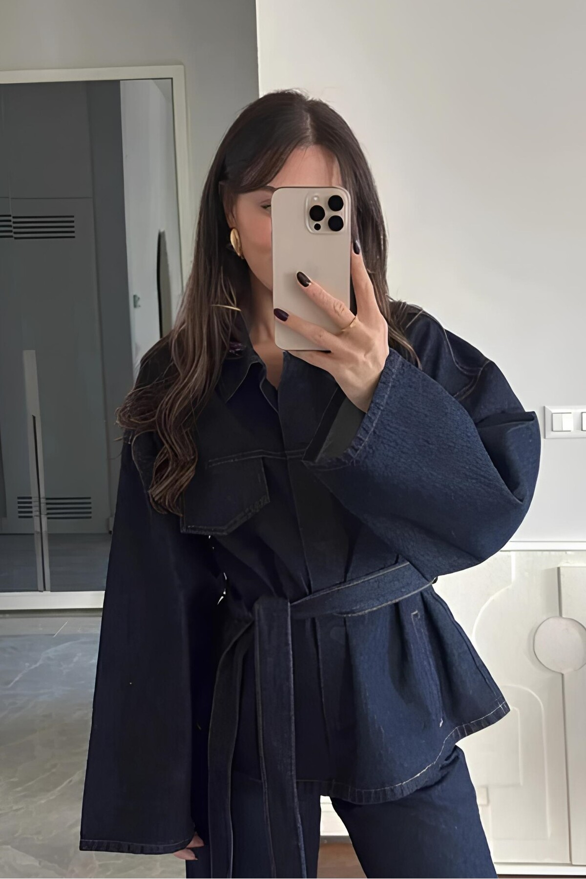 Kadın Bağlamalı Lacivert  Denim Ceket