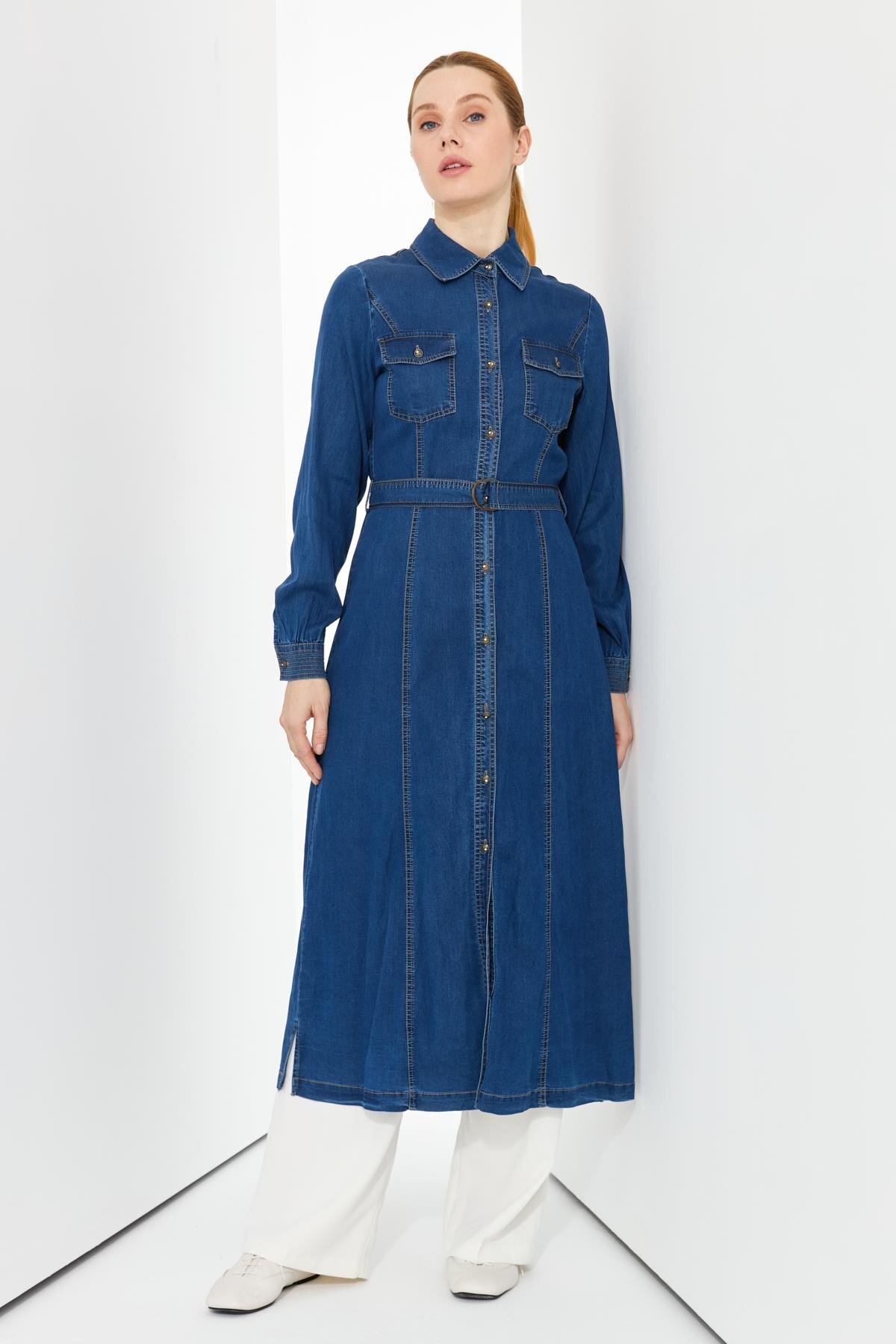 Araboy İnce Dokümlü Kot Tunik Yarım Pardesü Giyçık Kap Yazlık 54053