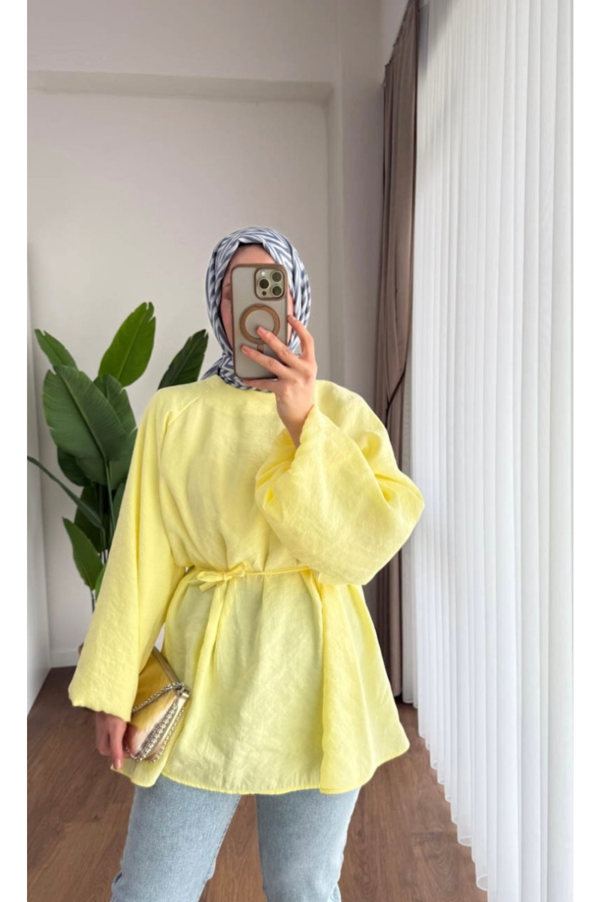 BALON KOL BEL BAĞLAMALI TESETTÜR GÖMLEK SARI