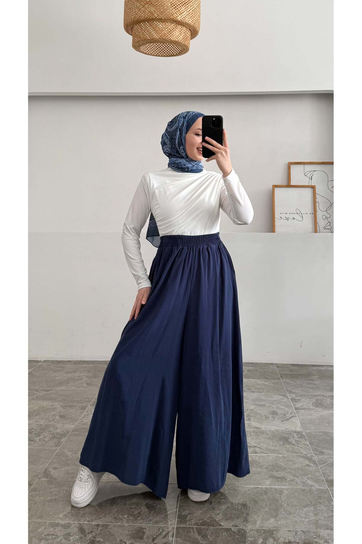 Beli Lastikli Geniş Paça Modal Etekli Pantolon - Lacivert