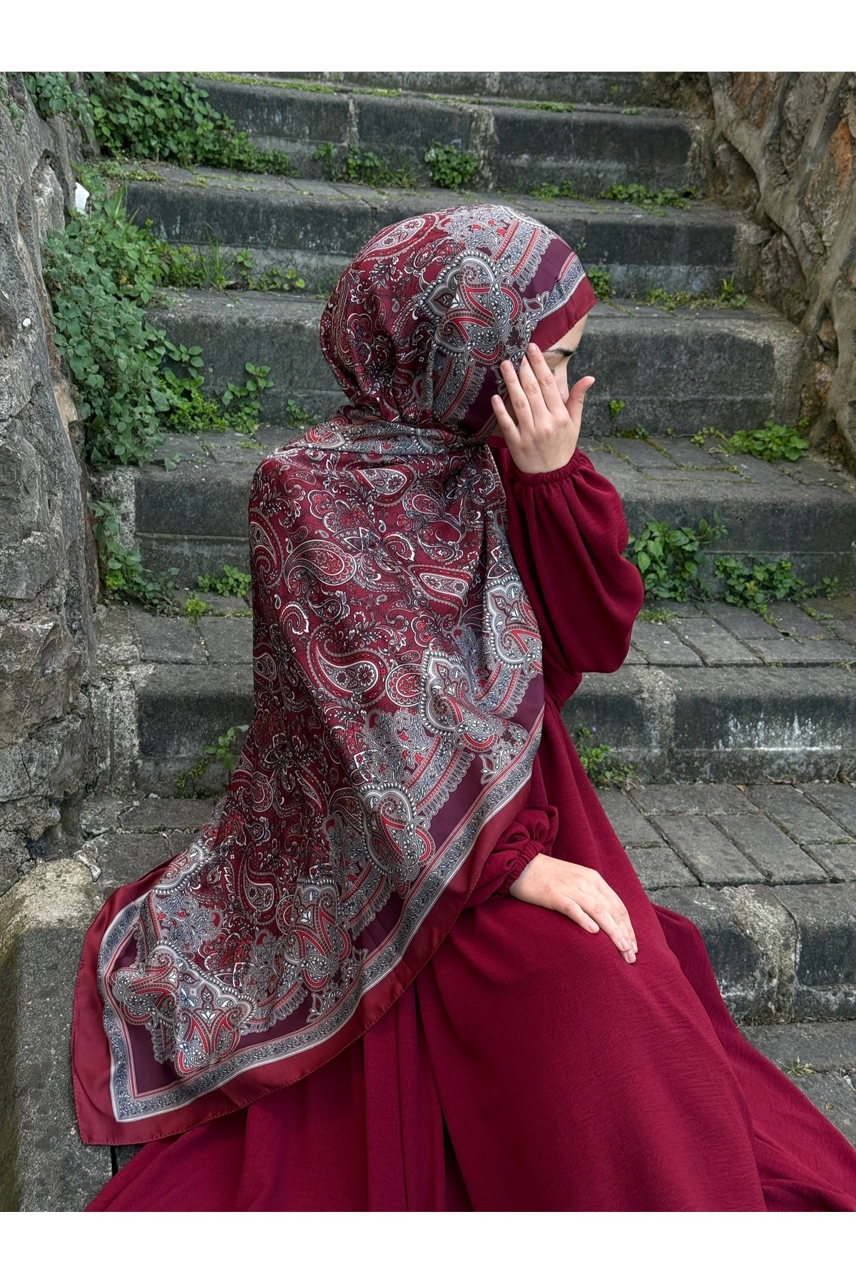 Pamuklu Etnik Desen Şal-Bordo