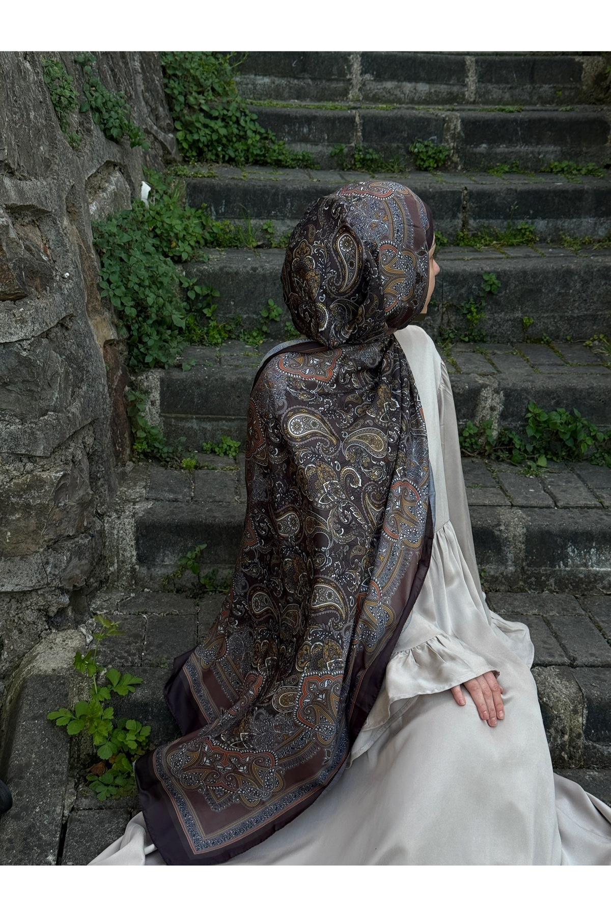 Pamuklu Etnik Desen Şal-Kahve