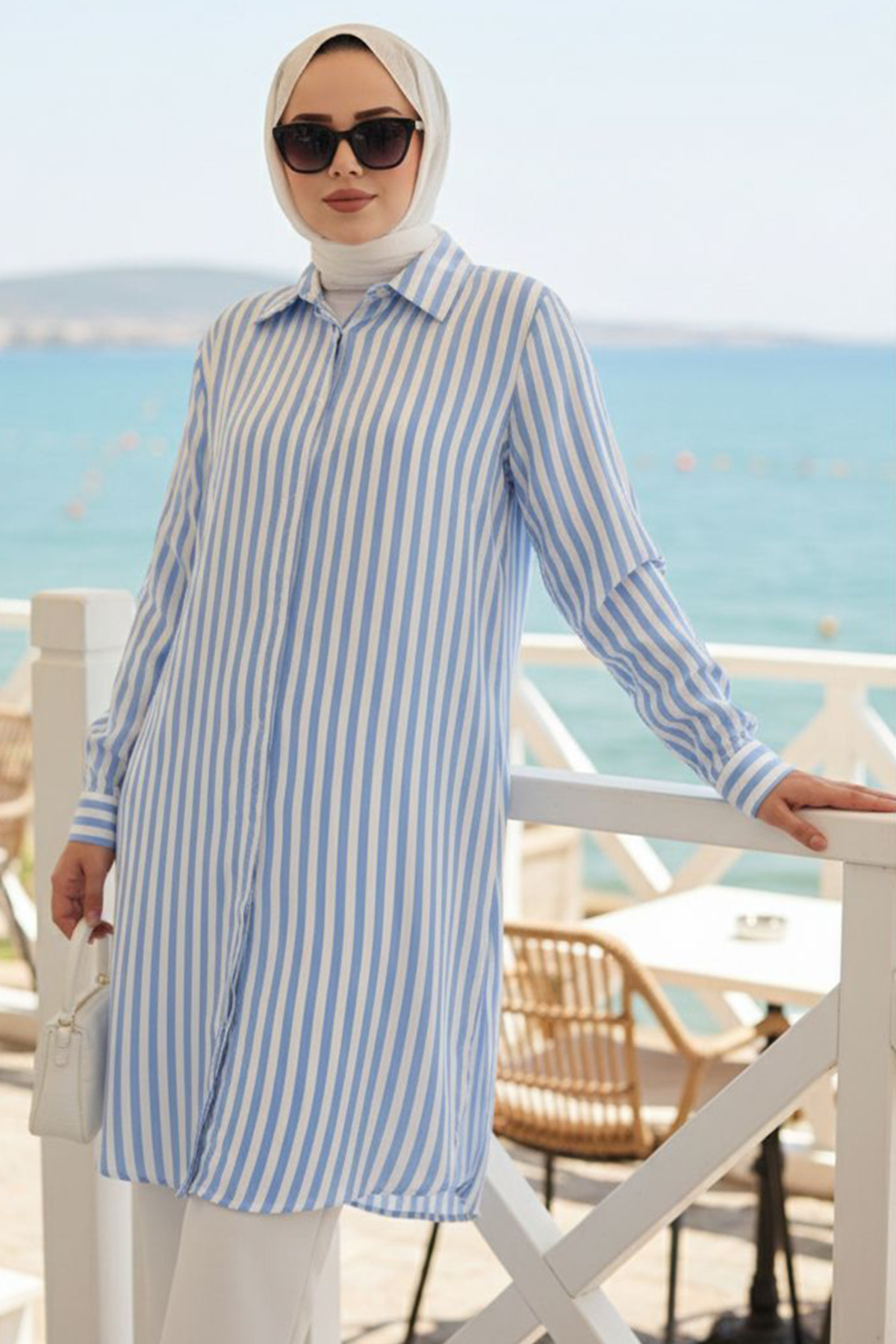 Çizgili Mavi Tesettür Viskon Tunik 11740M
