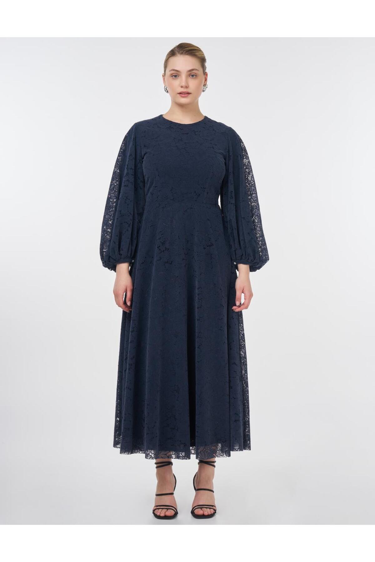 Sıfır Yaka Dantel Elbise İndigo