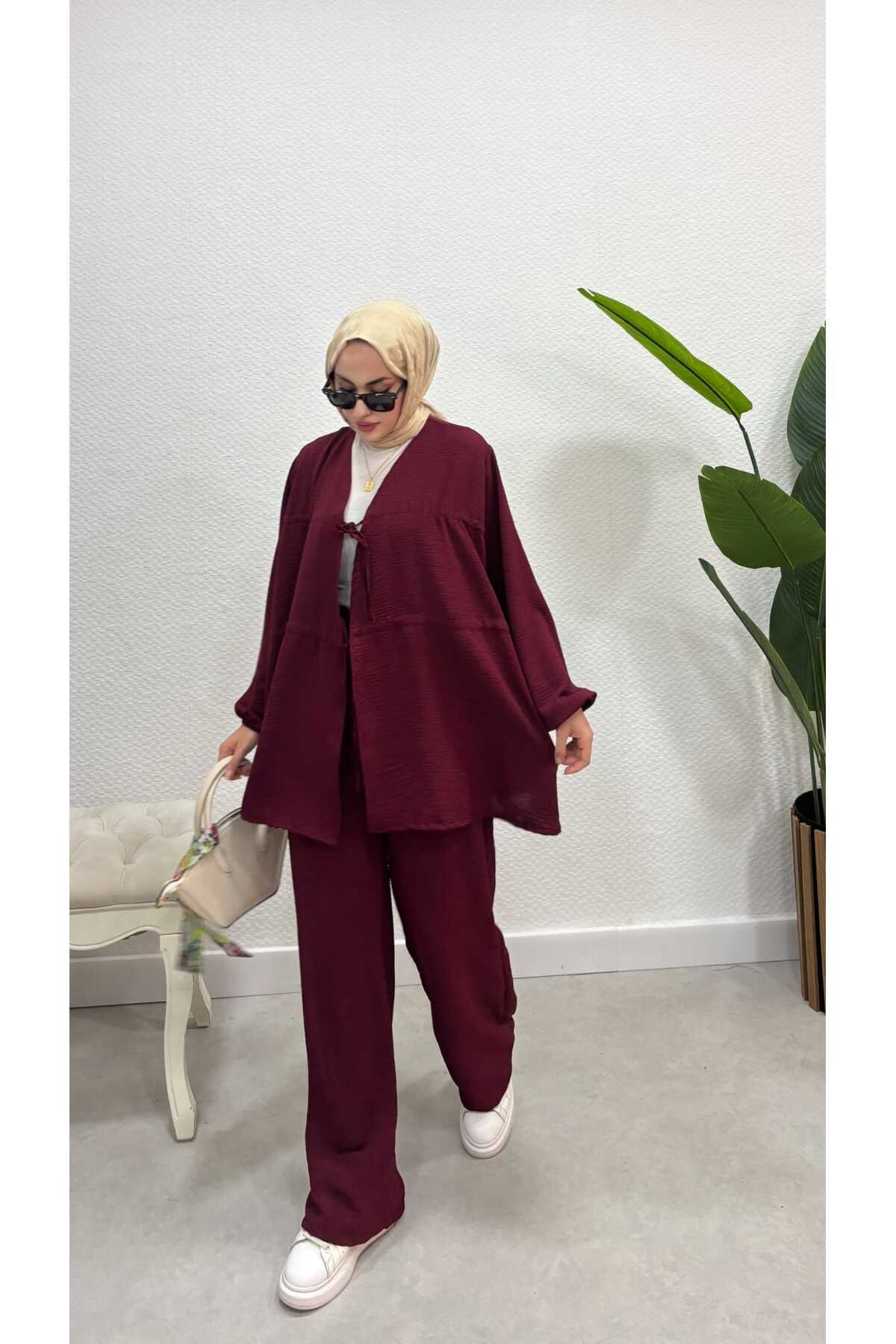 Aerobin bağcıklı ikili takım pantolon tesettür alt üst Bordo