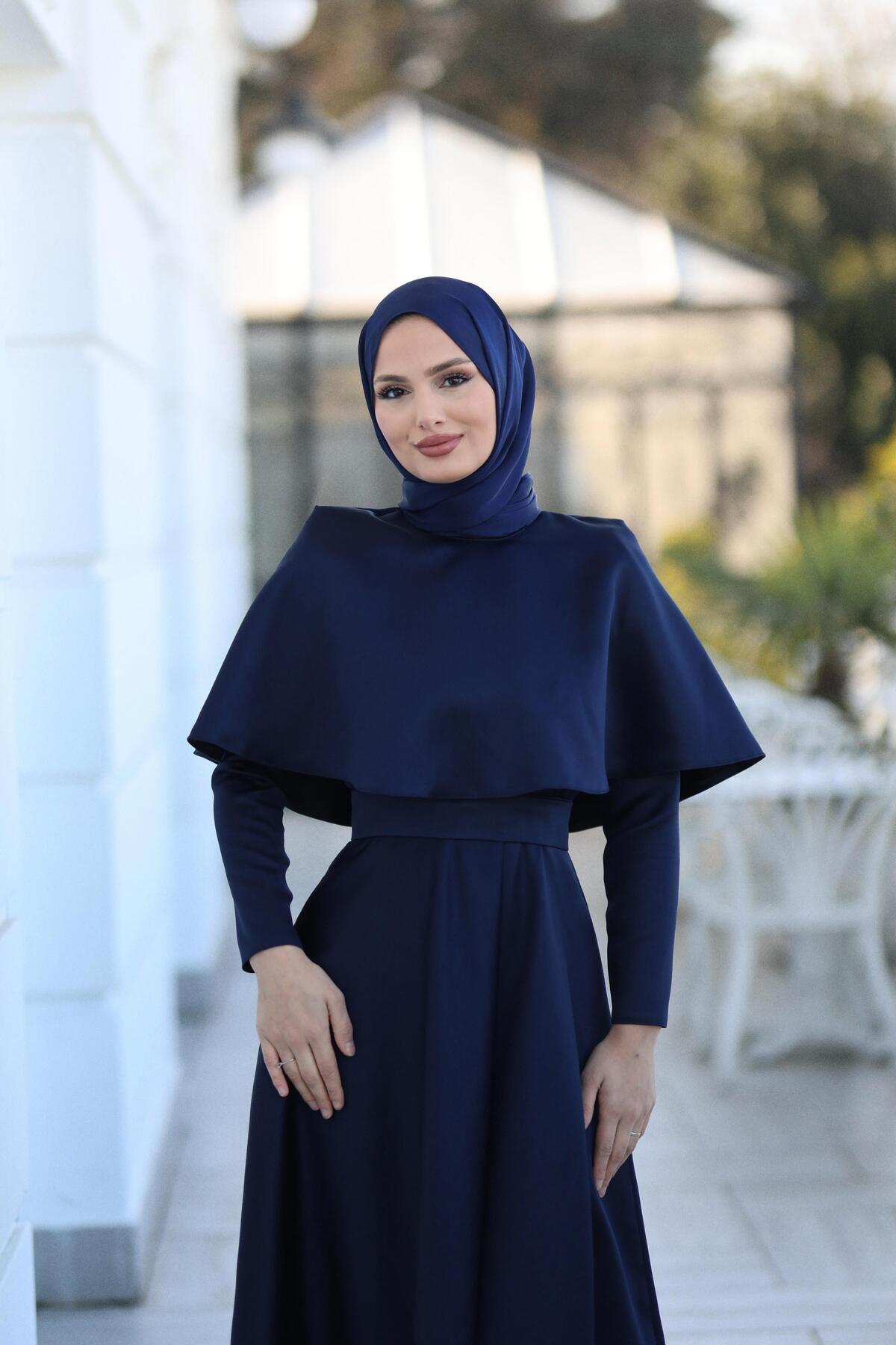 Kadın Lacivert Pelerin Detaylı Belle Tesettür Abiye,elbise,mezuniyet,balo,gece Elbisesi