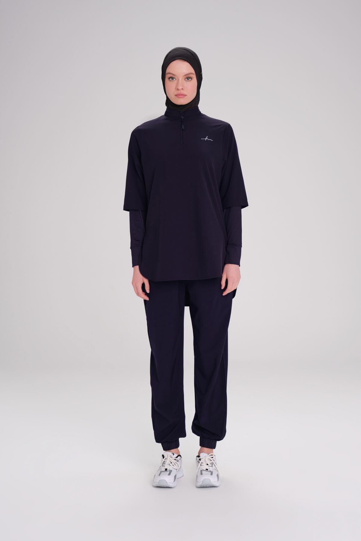 Active Uzun Kollu Yakası Fermuarlı Lacivert Tesettür Antrenman Tişörtü ACT-9