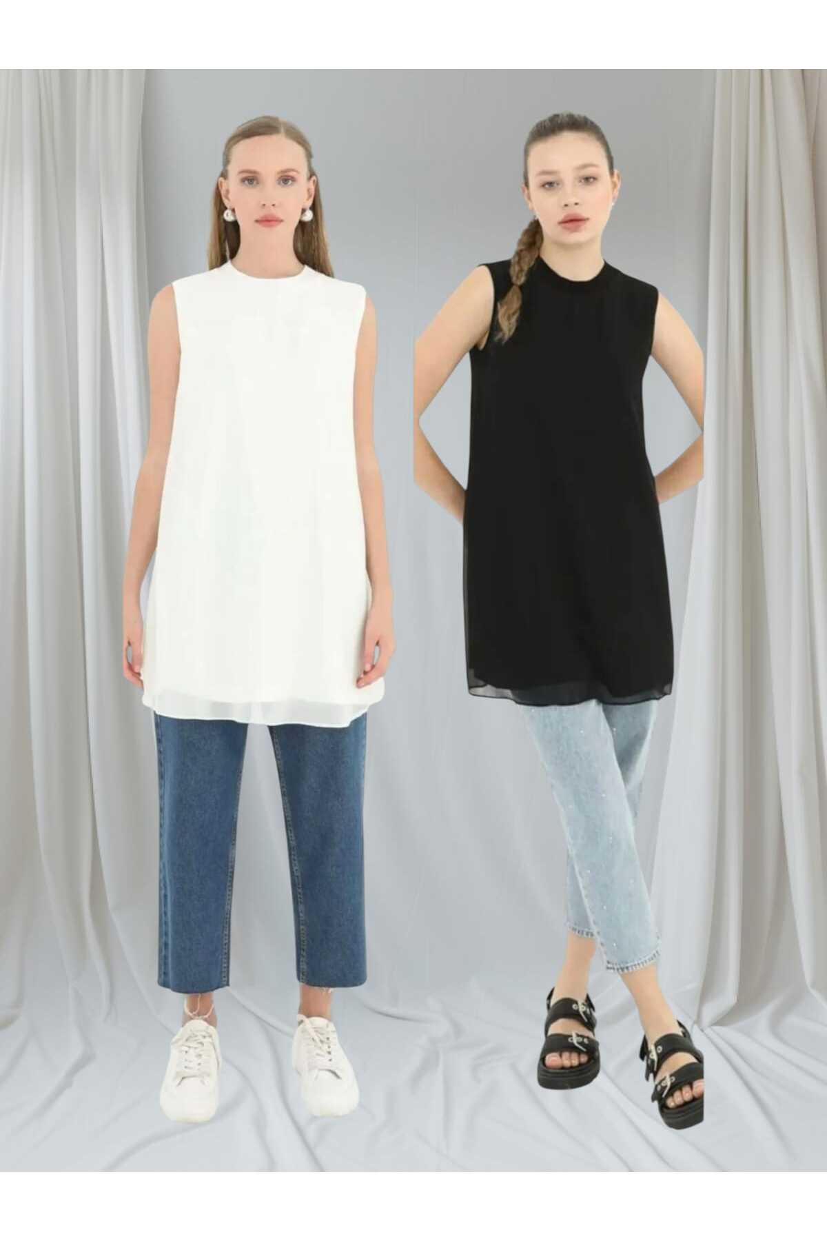 Kadın EKRU VE SİYAH 2 Li Set Kolsuz Önü Şifon Detaylı Tunik İçlik