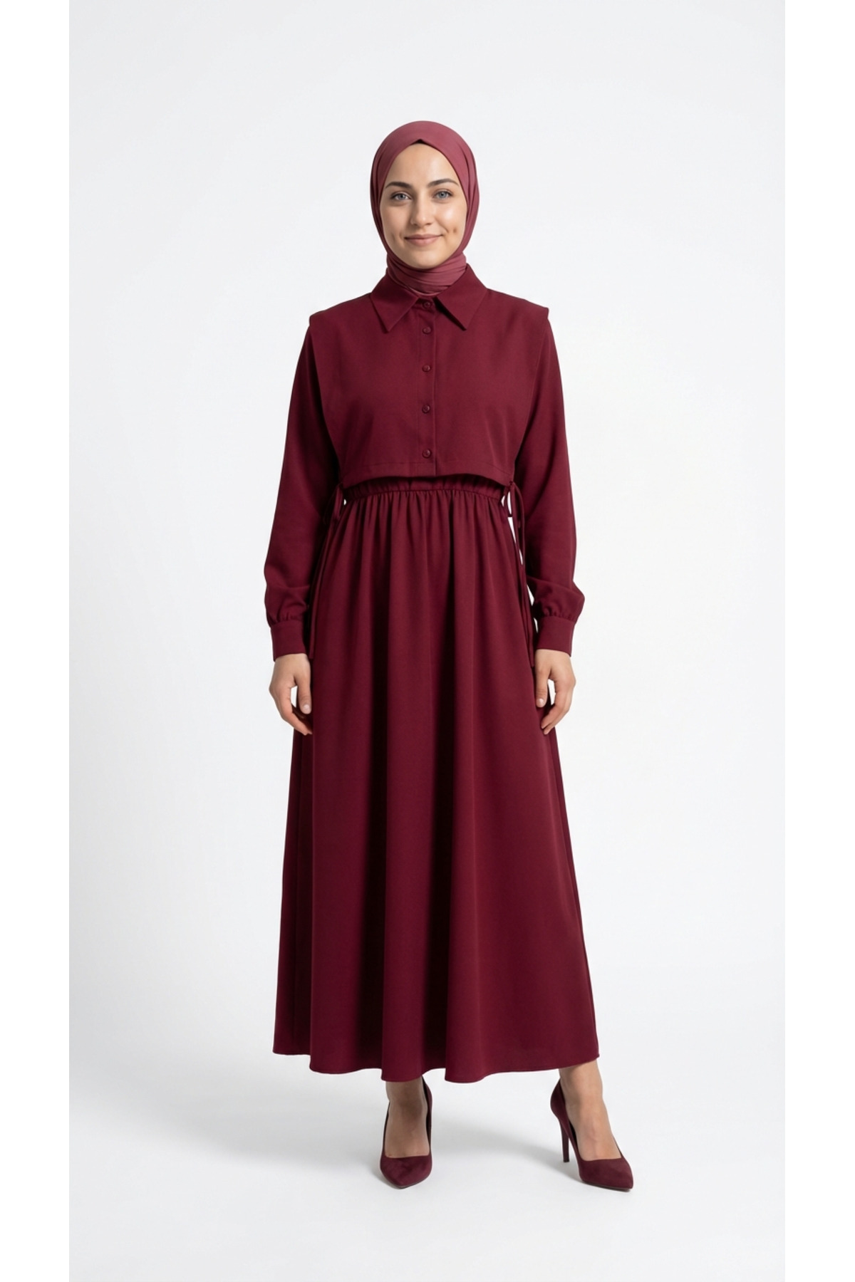 Kadın Tesettür Bolerolu Elbise -liyan Beli Lastikli Yelekli Dabıl Elbise-mf1750 Bordo