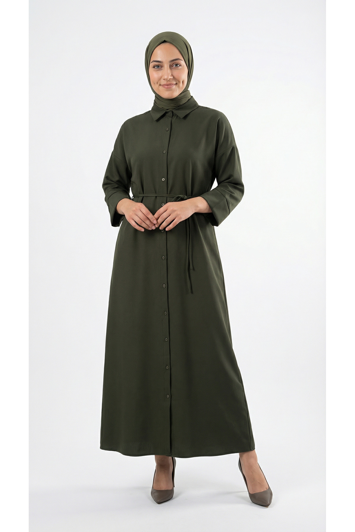 Nesrin Takma Manşet Dabıl Elbise-TN017 Haki