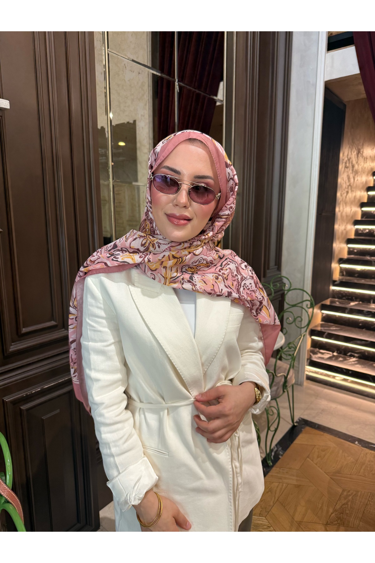 Pembe-Beyaz Ebru Desen Şal-Eşarp | Rosa Terra