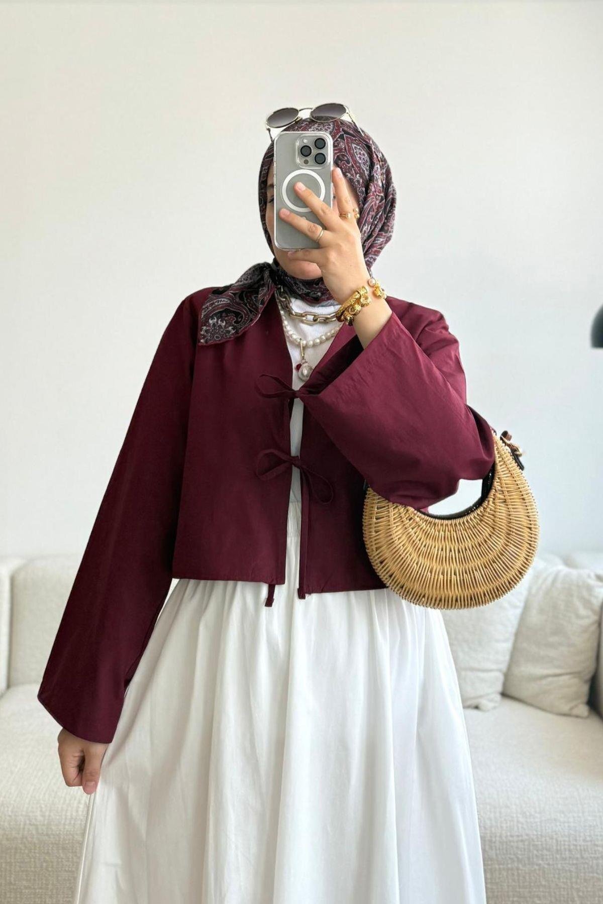 Önü Bağlamalı 2 Bağcıklı Kimono Gömlek Modern Tesettür Şık Yeni Sezon Etek Üstü Kimono