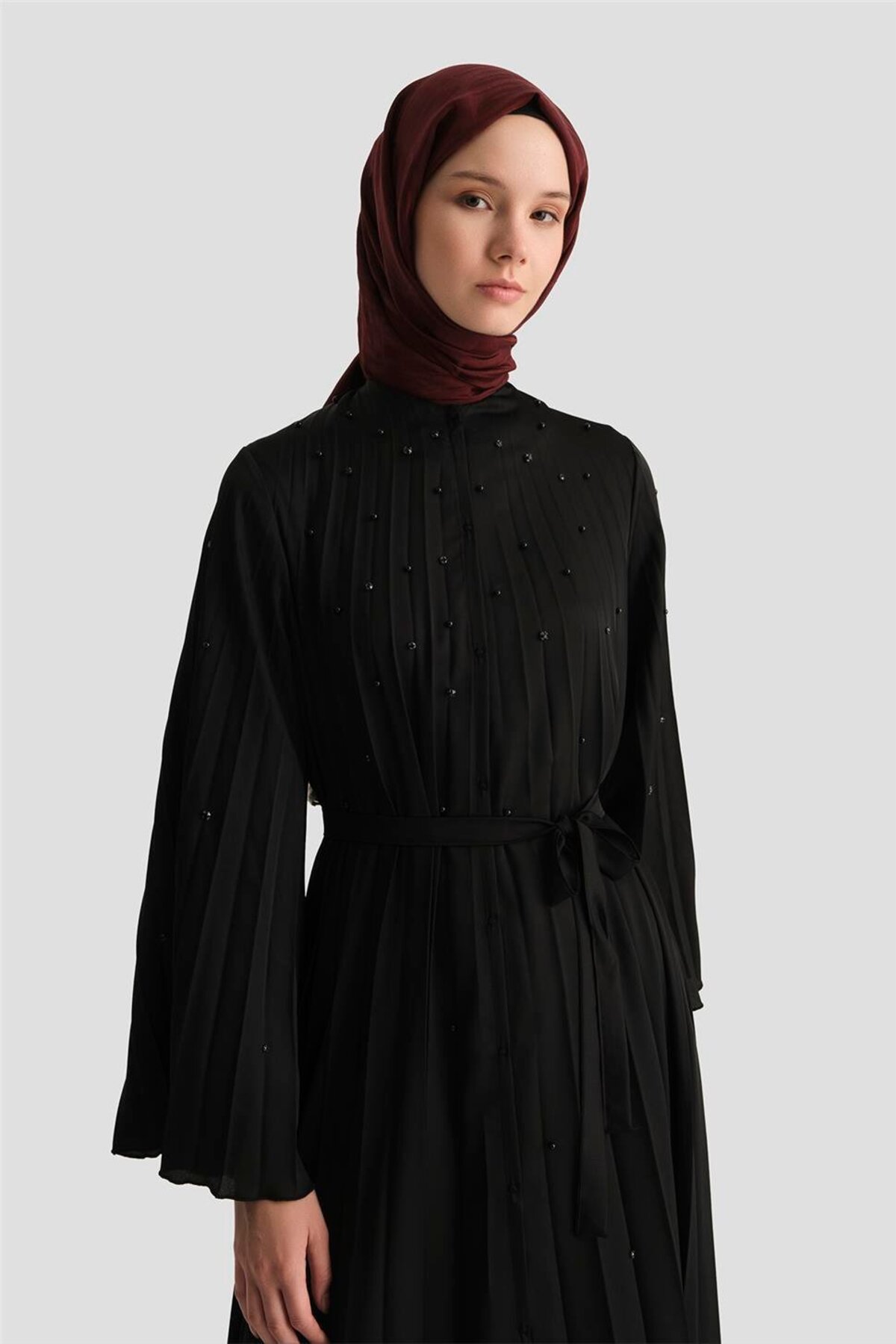 Taş İşlemeli Piliseli Abaya 25Y8302 Siyah
