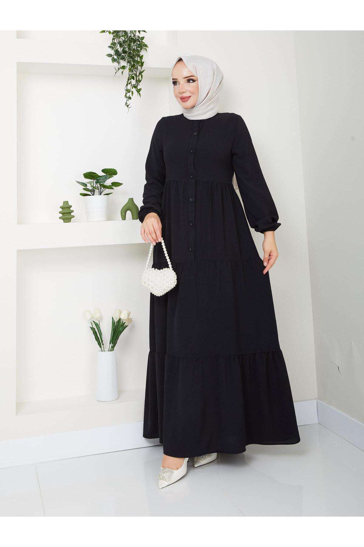 Kadın Ayrobin Siyah Şık ve Rahat Kesim Kumaş Boydan Tesettür Elbise