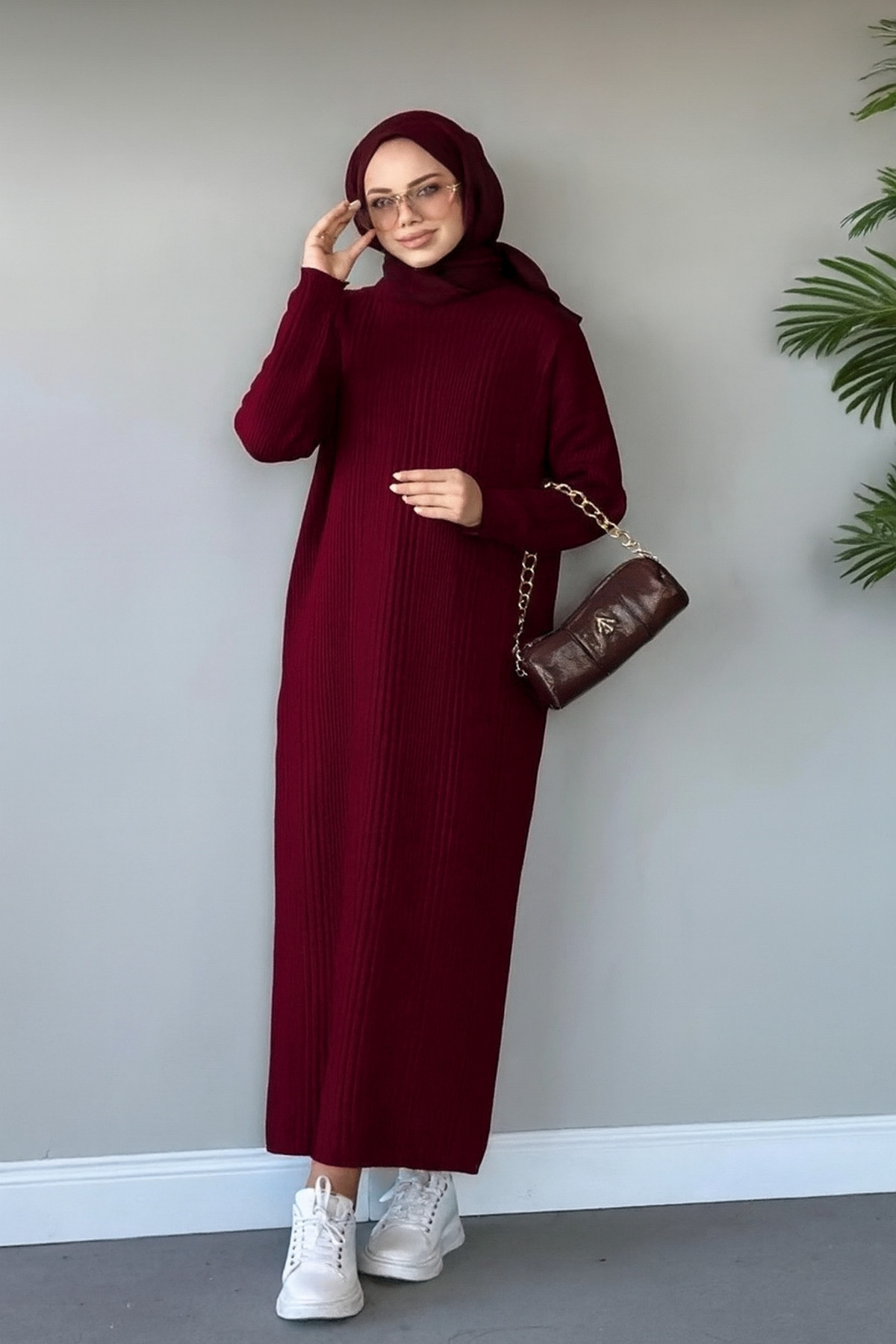 Fitilli Triko Elbise koyu bordo