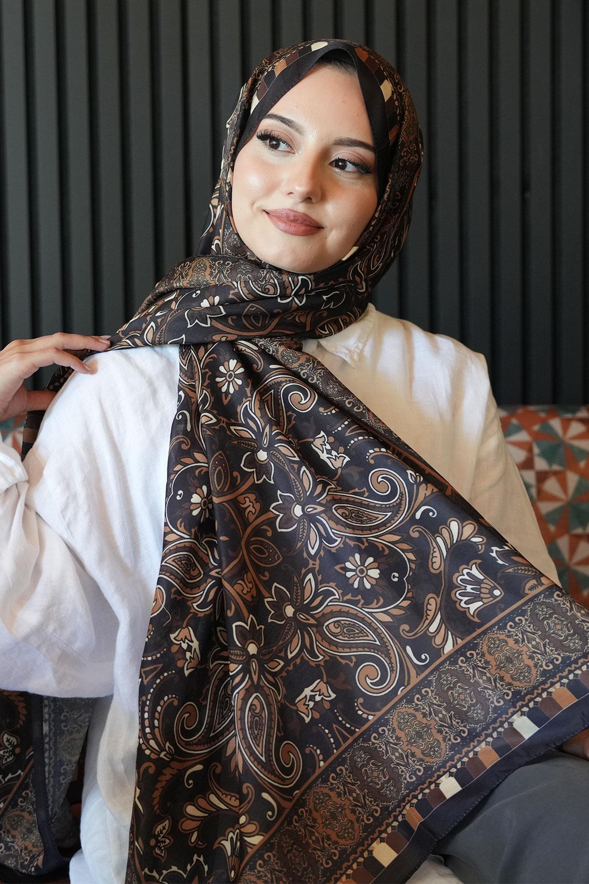 Etnik Desen Acı Kahve Soft Pamuk Şal