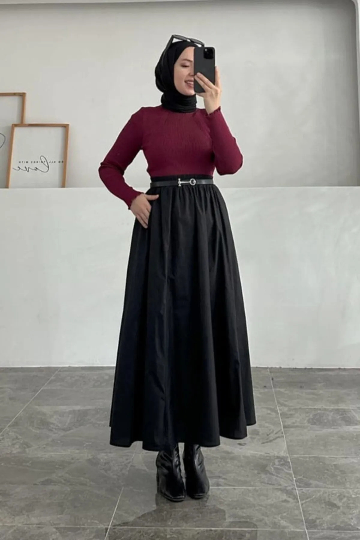 BELİ LASTİKLİ CEPLİ SİYAH DOUBLE ETEK