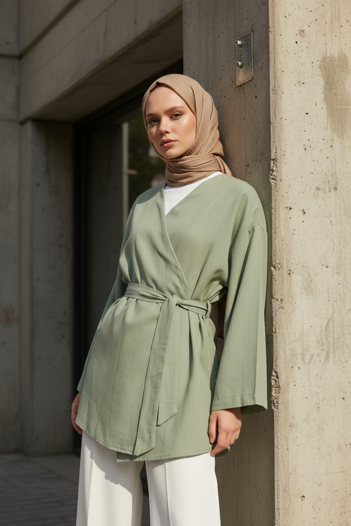 Çağla Yeşili - %100 Pamuk Cepli Kemerli Kadın Tesettür Kimono 1166-TES