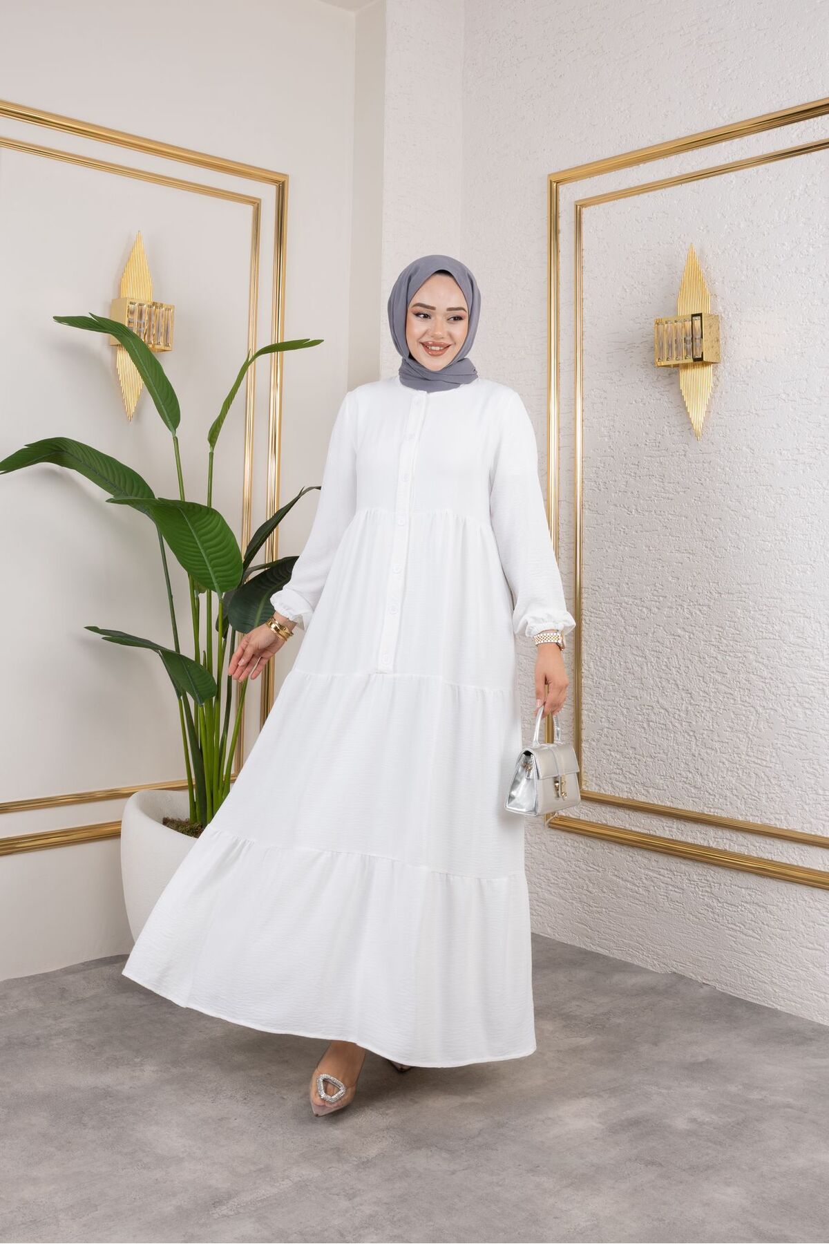 Kadın Ayrobin Beyaz Şık ve Rahat Kesim Kumaş Boydan Tesettür Elbise