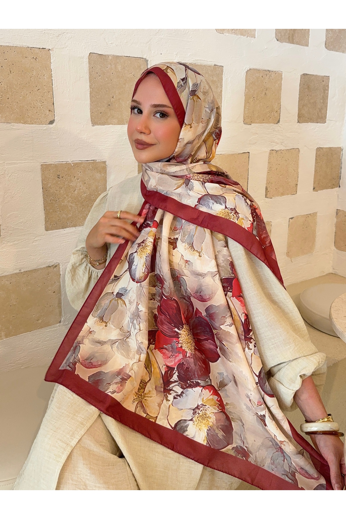İlham Serisi Yumuşak Pamuklu Etnik Desenli Bordo Kenarlı Şal ps33