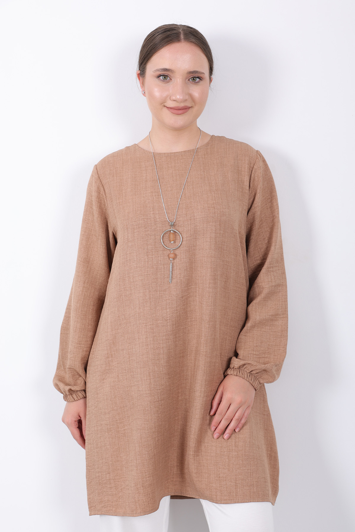 Yazlık Kadın Tunik Günlük İnce Sofia Keten Kolyeli Tunik Geniş Beden Seçenekleriyle