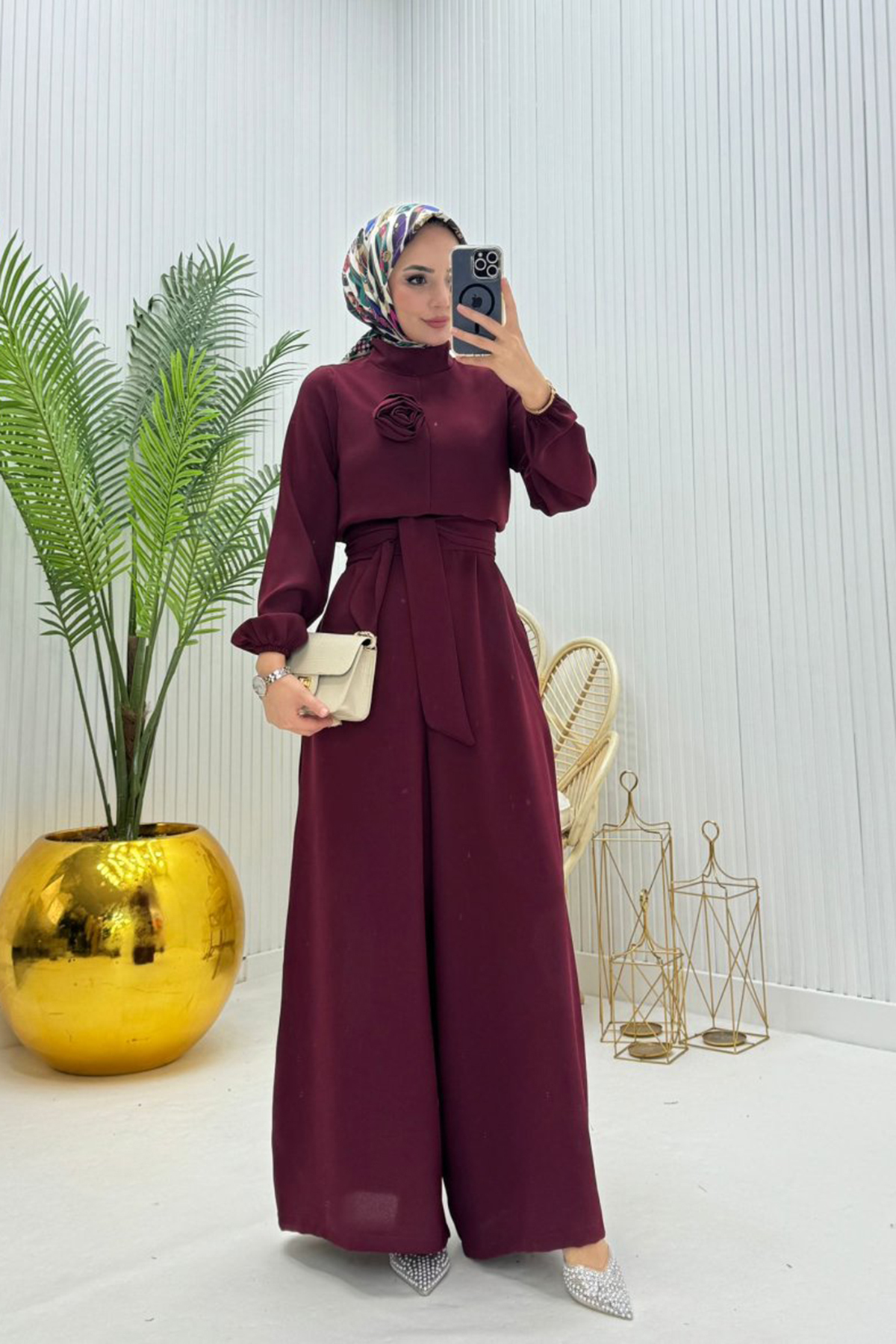 kadın bordo kuşaklı gül detaylı salaş tulum NMS003